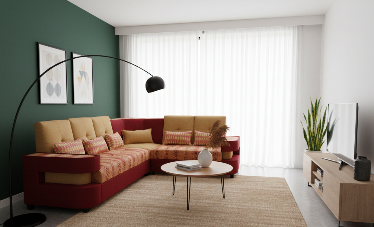 Beige & Burgundy Corner Sofa- Beige & Burgundy - Image 1