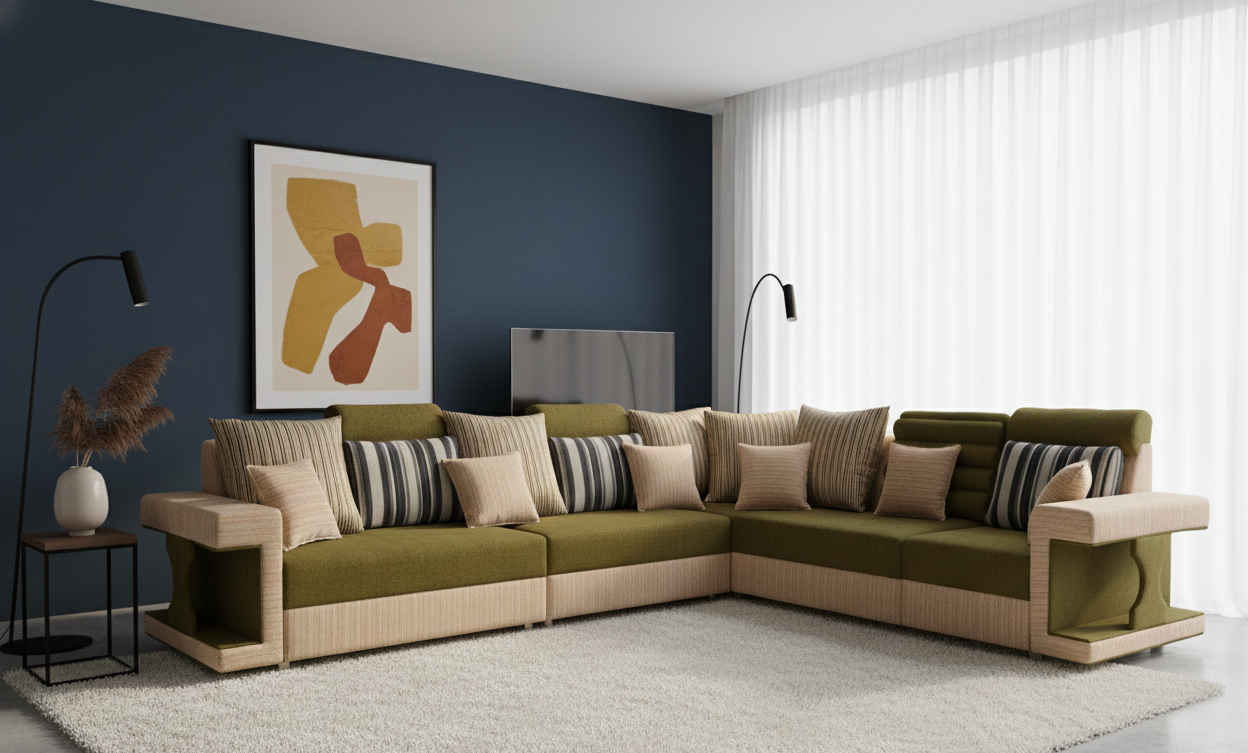 Beige & Olive Corner Sofa- Beige & Olive - Image 1